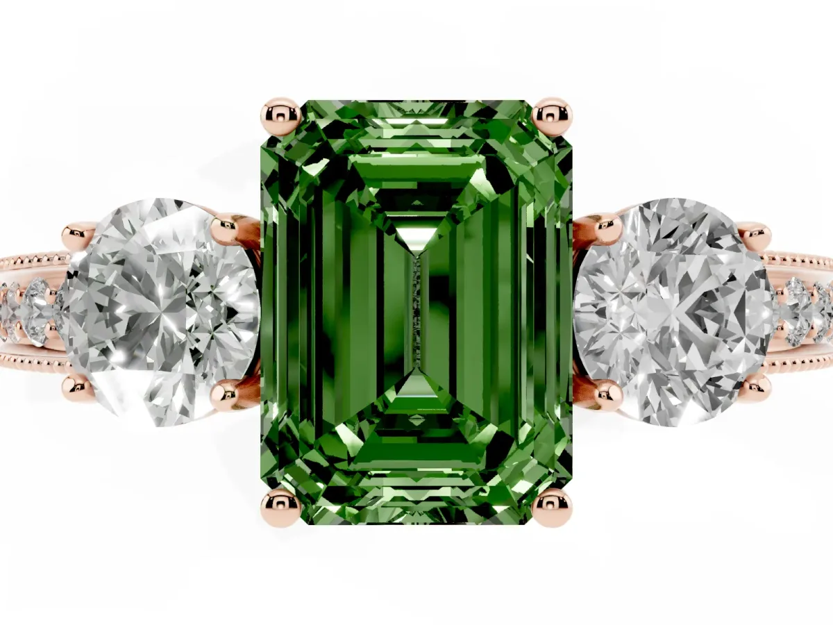 Fancy Green Emerald Cut Three-Stone Diamond Ring with Pavé Band and Four-Prong Setting Rose gold