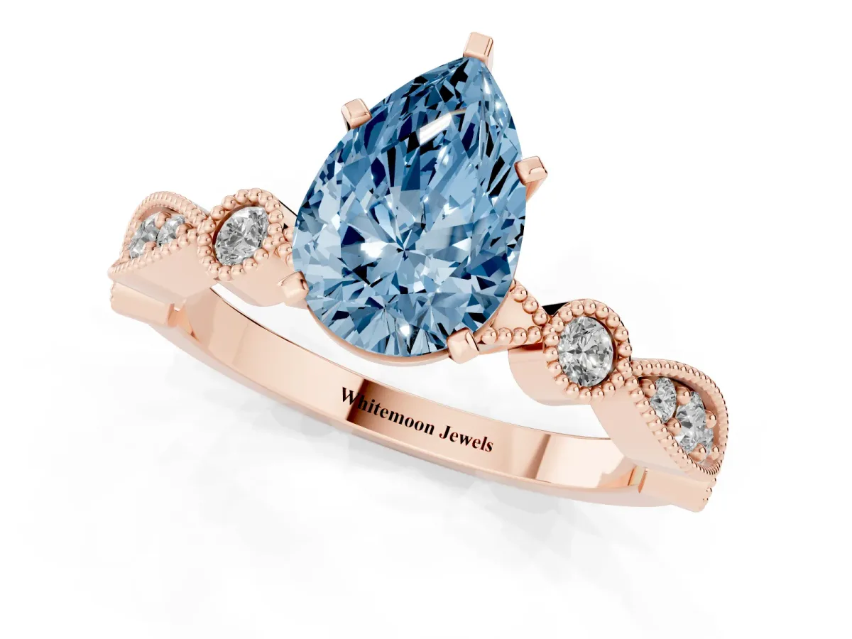 Fancy Blue Pear Cut Milgrain Bezel Diamond Engagement Ring with Solitaire Prong Setting Rose gold
