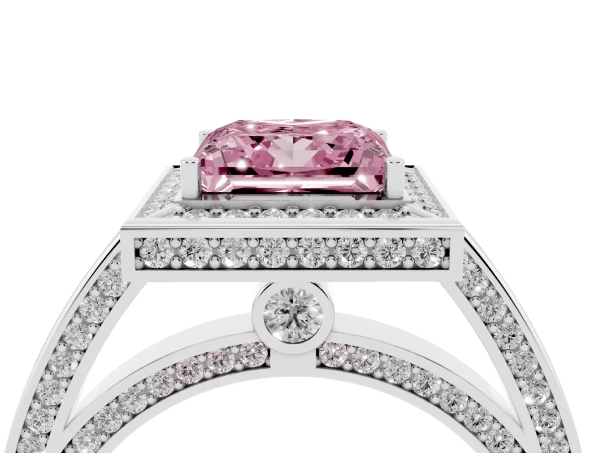 Fancy Pink Princess Cut Cut Halo Pave Split Shank Prong Setting Ring Silver