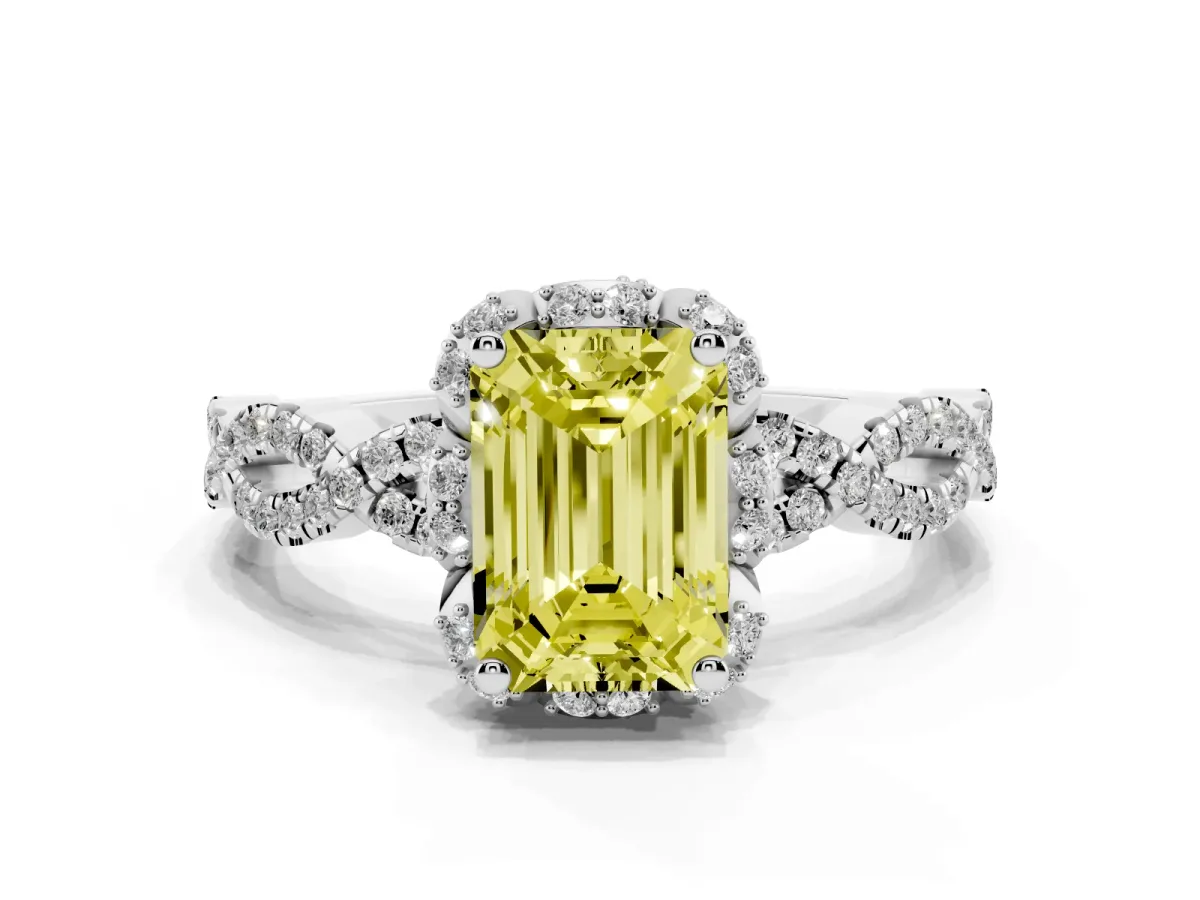 Fancy Yellow Emerald Cut Halo Twist Band Solitaire Ring with Six-Prong Setting Silver