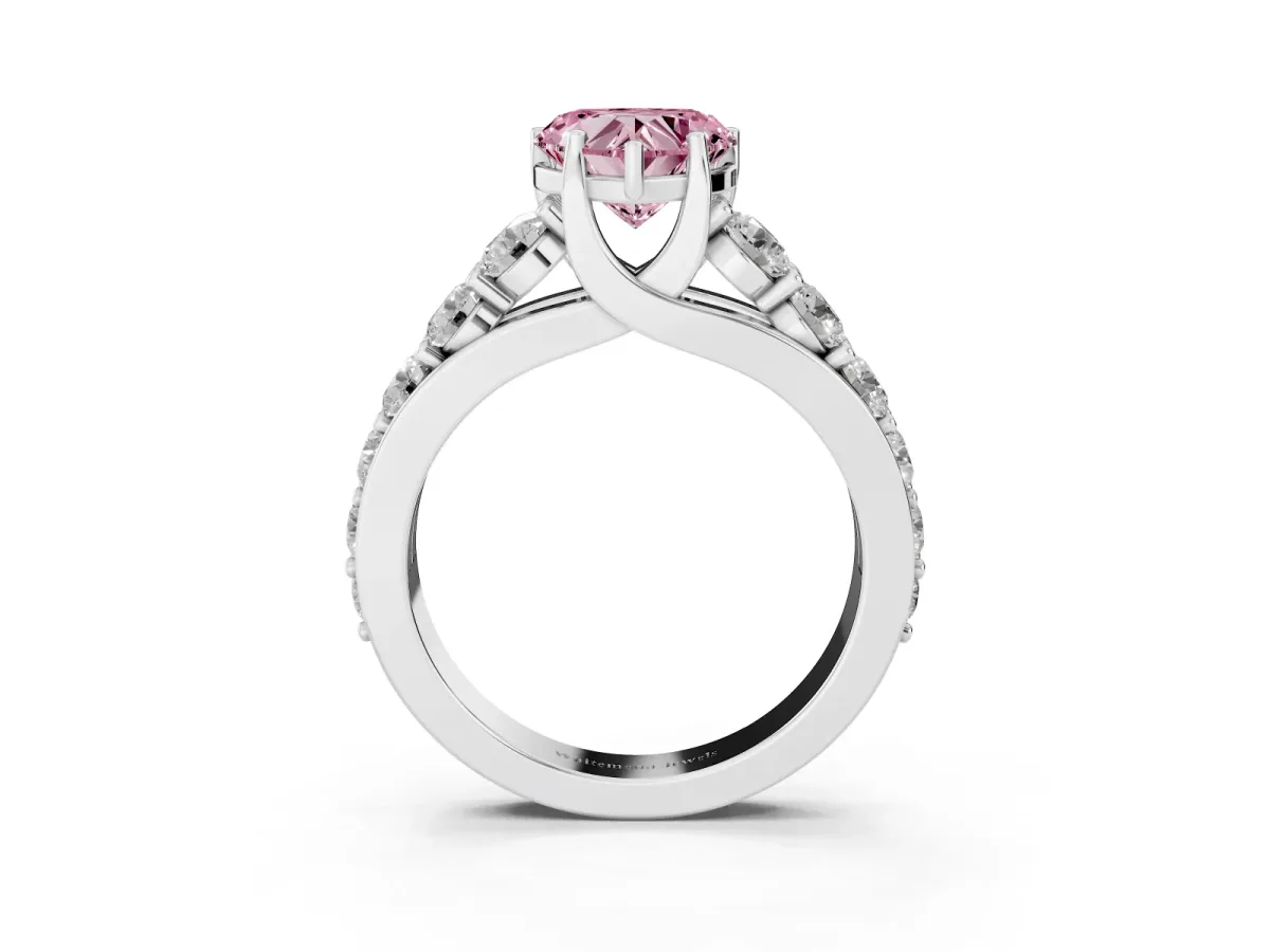Fancy Pink Heart Cut Diamond Engagement Ring with Pavé Band and Four-Prong Setting Silver