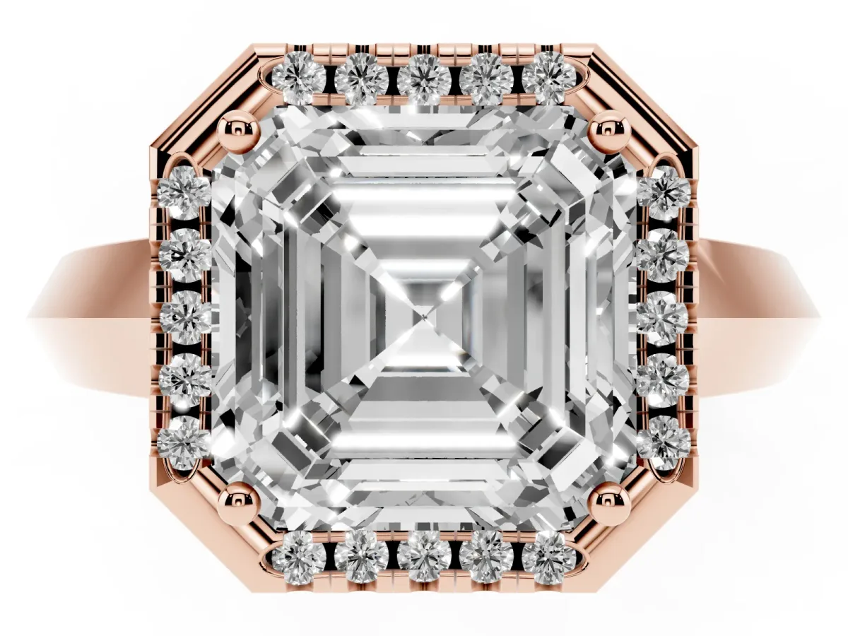 Asscher Cut Halo Diamond Ring with Cathedral Band and Four-Prong Setting Rose gold