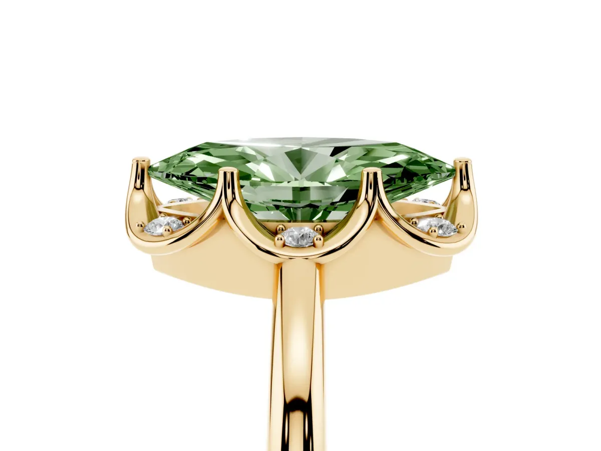 Fancy Green Marquise Cut Halo Diamond Ring with Round Cluster Setting, Solitaire Band, and Four-Prong Setting Yellow gold