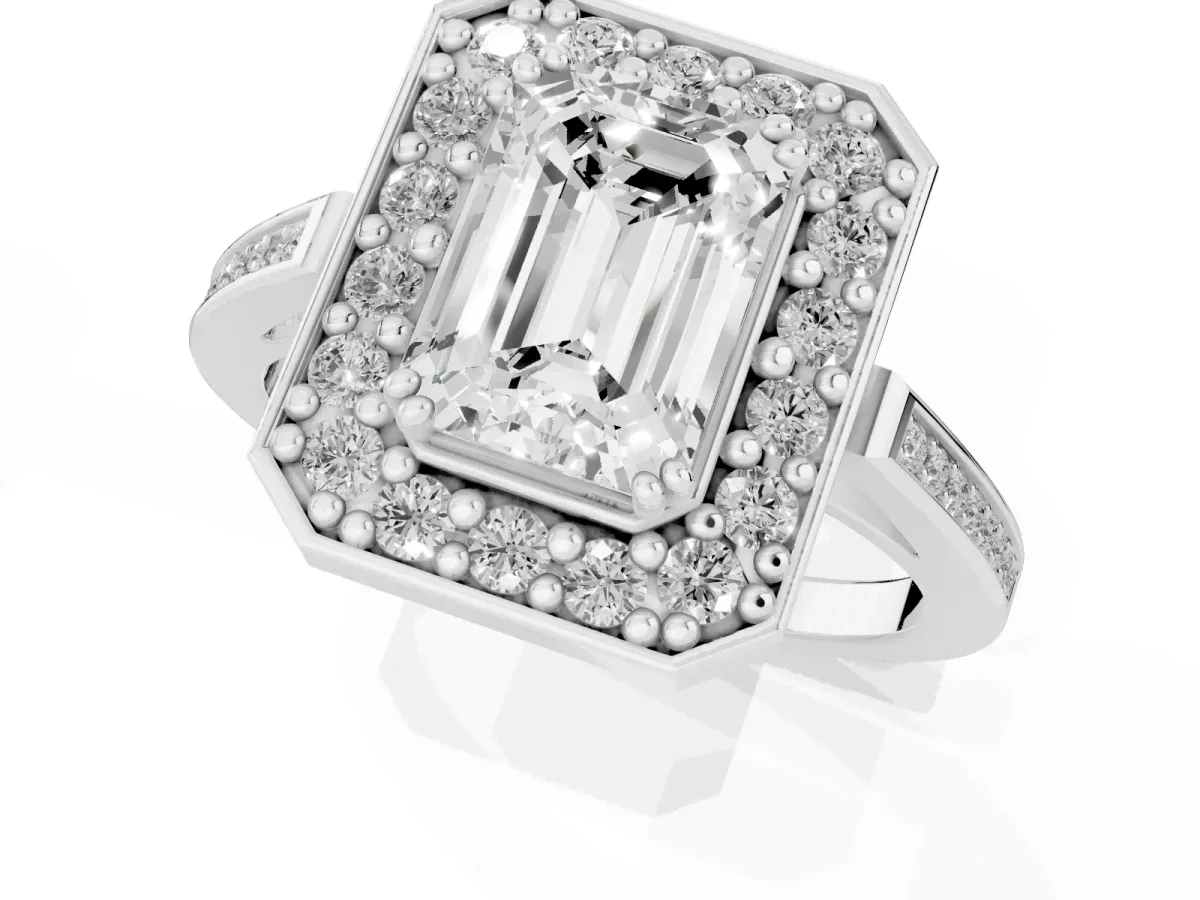 Emerald Cut Diamond Halo Ring with Split Shank and Four-Prong Setting Silver