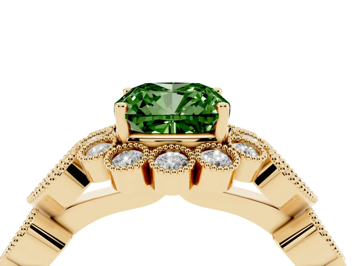 Fancy Green Cushion Cut Brilliant Milgrain Pave Heart Band Solitaire Ring Yellow gold