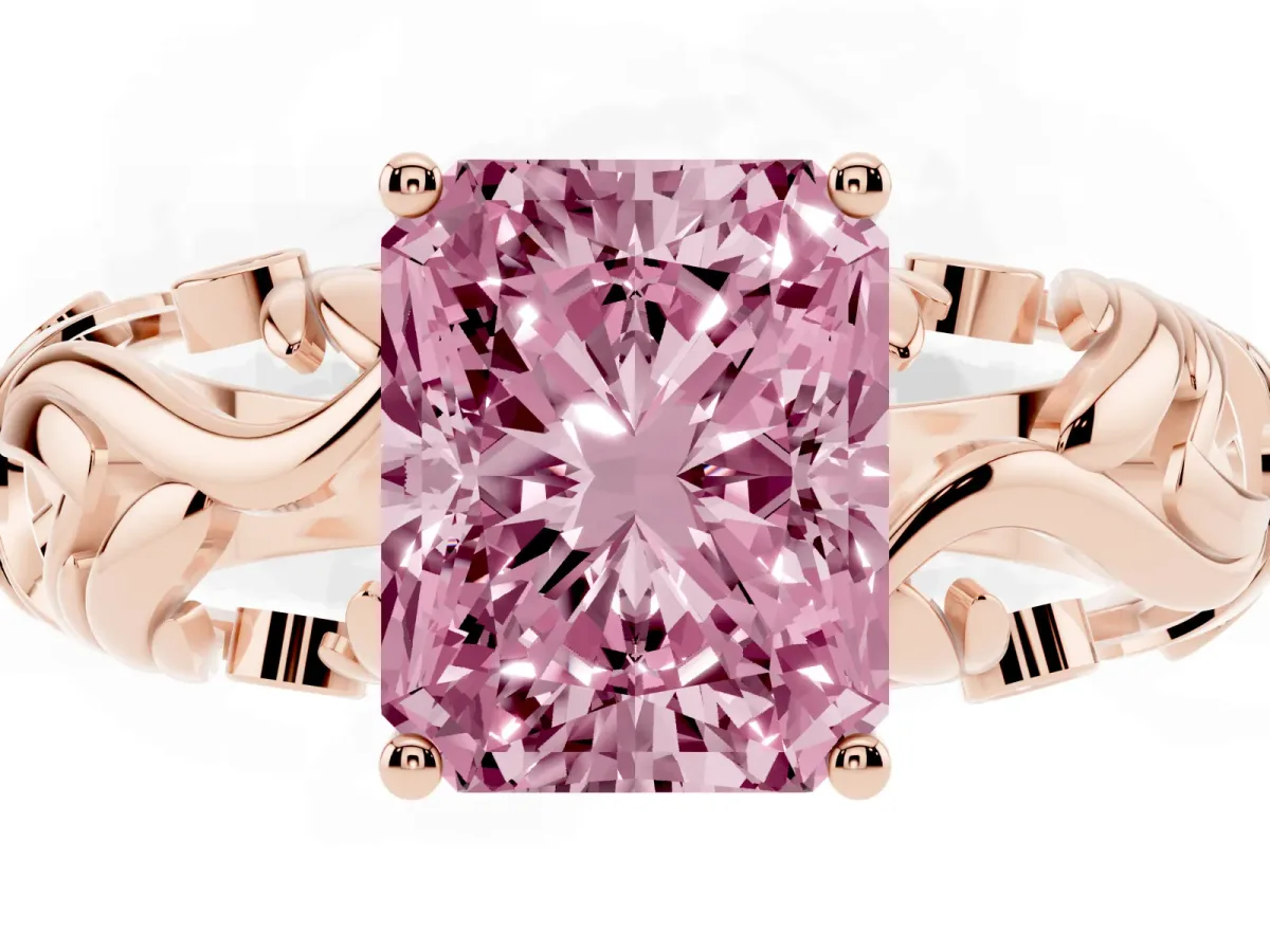 Fancy Pink Radiant Cut Solitaire Diamond Leaf-Inspired Vine Band Ring with Prong Setting Rose gold