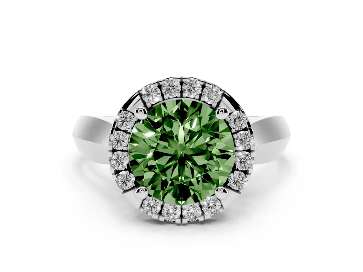 Fancy Green Round Cut Cut Halo Solitaire Engagement Ring with Square Band and Four-Prong Setting Silver