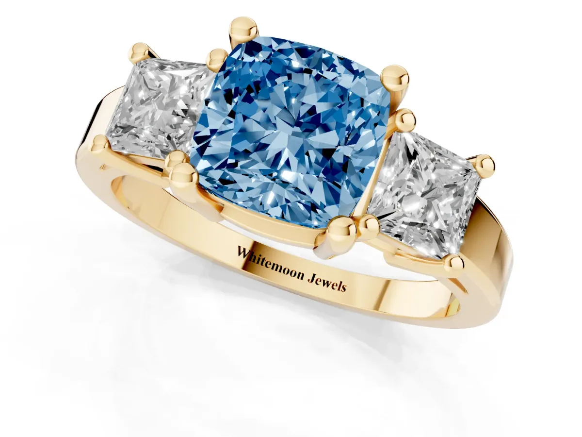 Fancy Blue Three-Stone Cushion Cut Cut Solitaire Ring with Prong Setting Yellow gold