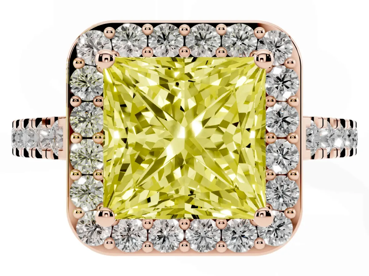 Fancy Yellow Princess Cut Diamond Halo Ring with Round Pavé Split Shank and Prong Setting Rose gold