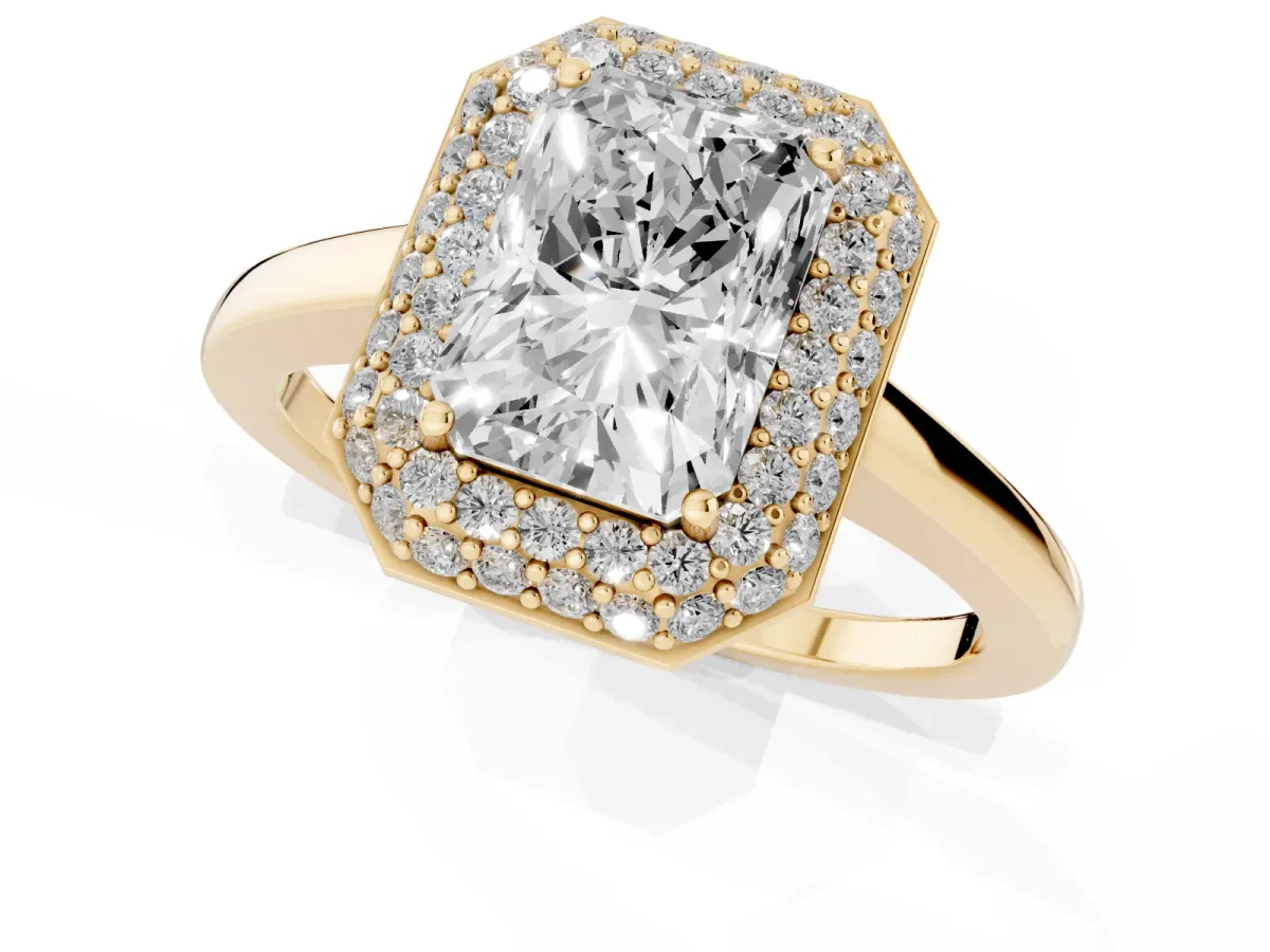 Radiant Cut Halo Diamond Engagement Ring with Solitaire Band and Four-Prong Setting Yellow gold