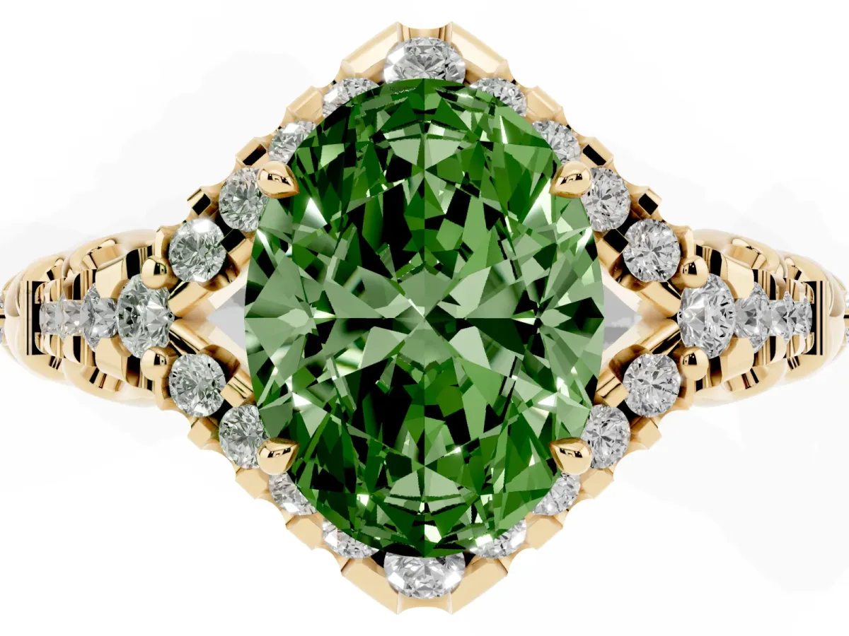 Fancy Green Oval Cut Diamond Solitaire Ring with Hidden Halo and Pavé Band Yellow gold