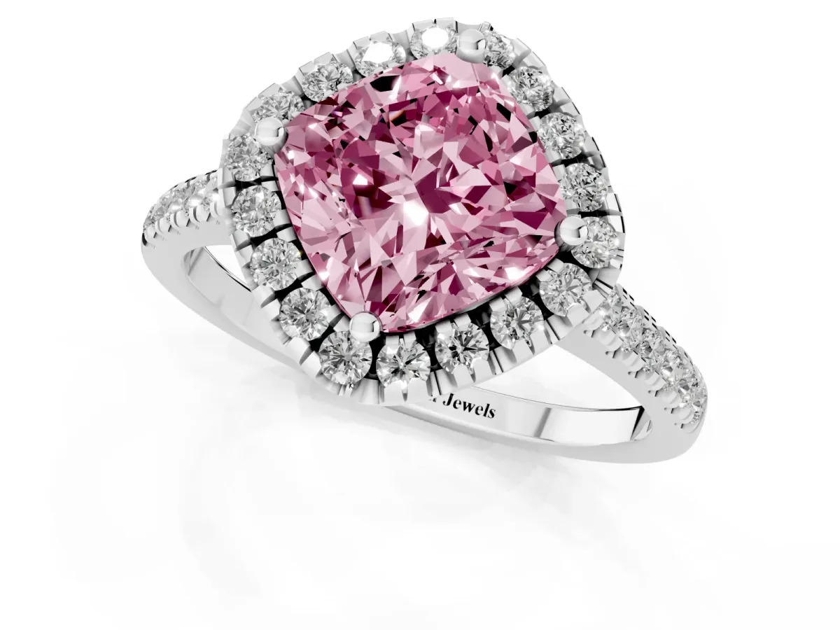Fancy Pink Cushion Cut Diamond Cushion Halo Ring with Pavé Band Silver