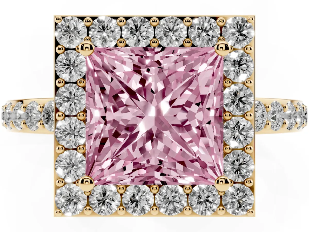 Fancy Pink Princess Cut Halo Diamond Pavé Band Ring with Prong Setting Yellow gold