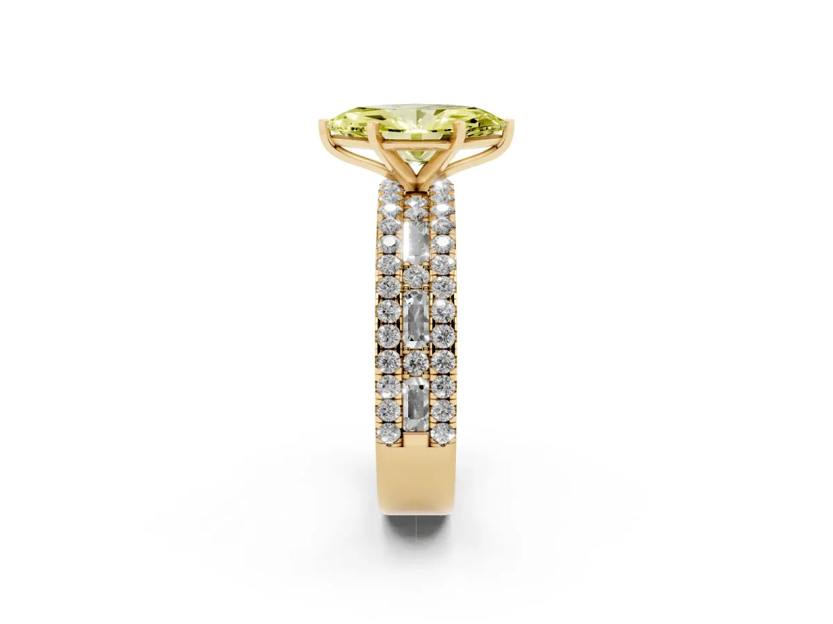 Fancy Yellow Marquise Cut Diamond Solitaire Ring with Pavé and Channel Set Band Yellow gold