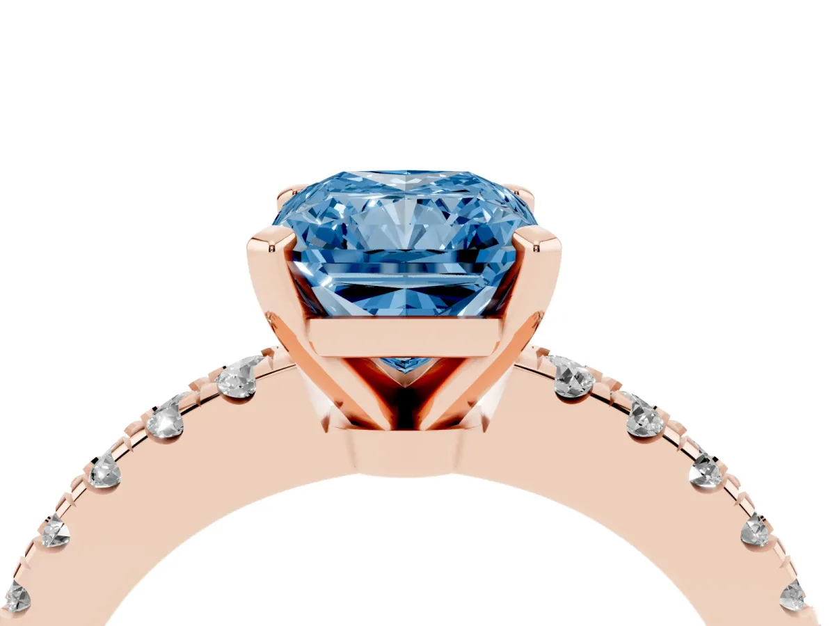 Fancy Blue Radiant Cut Solitaire Diamond with Pavé Band and Four-Prong Setting Rose gold