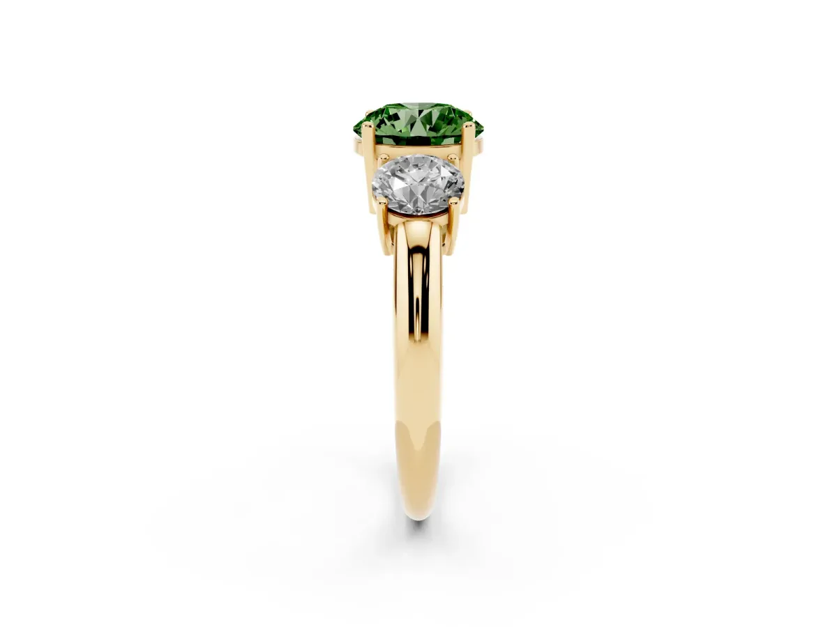 Fancy Green Three-Stone Round Cut Cut Diamond Engagement Ring with Prong Setting on a White Gold Band Yellow gold