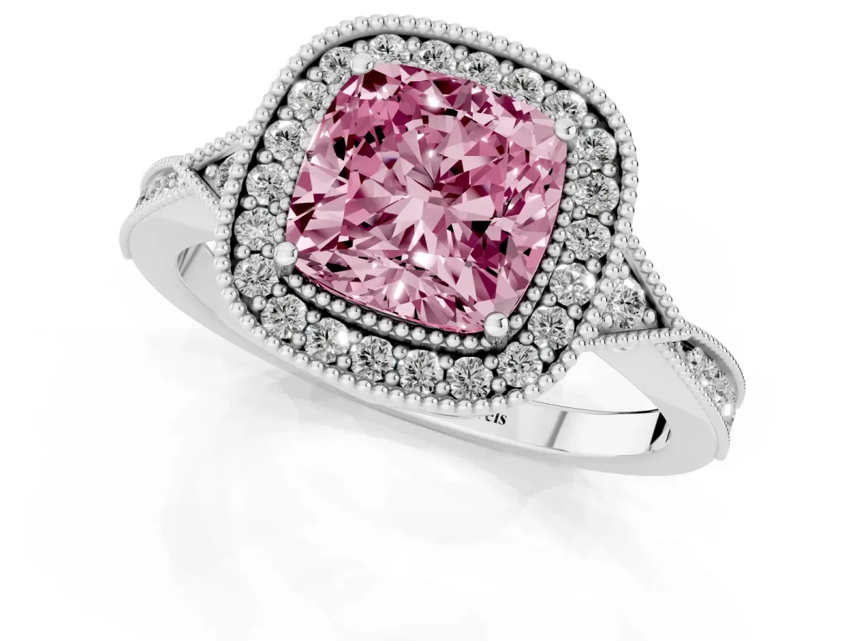 Fancy Pink Cushion Cut Halo Round Diamond Milgrain Pave Engagement Ring White gold