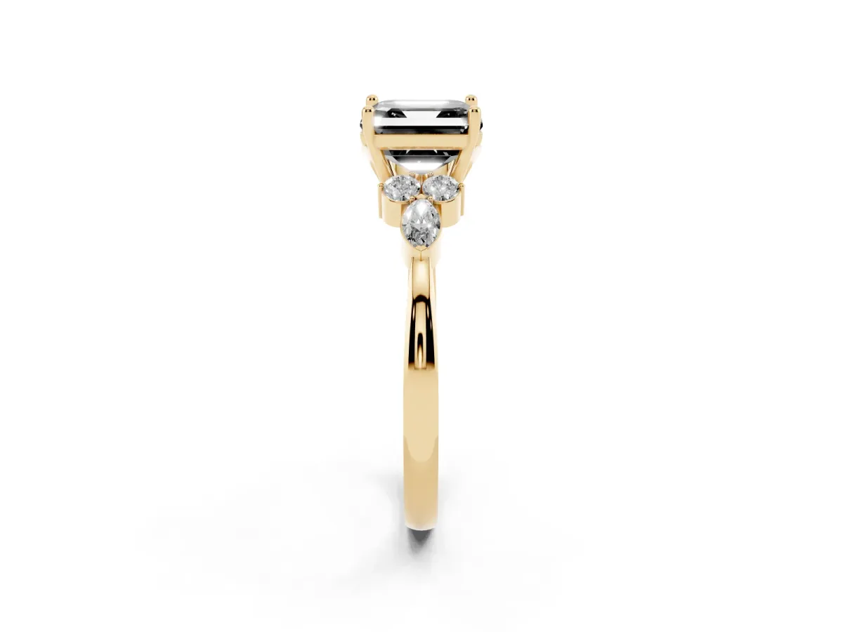 Fancy Black Asscher Cut Brilliant Diamond Solitaire Ring with Pear Side Stones and Four-Prong Setting Yellow gold