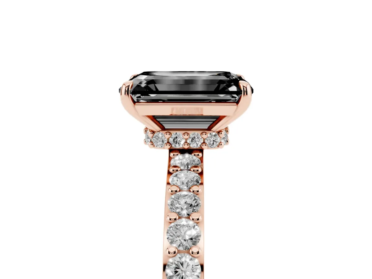 Fancy Black Emerald Cut Diamond Pavé Engagement Ring with Round Accents and Prong Setting Rose gold