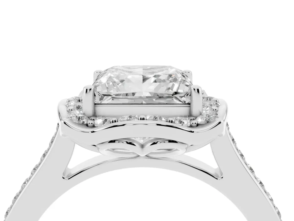 Princess Cut Halo Round Diamond Pave Band with Four-Prong Setting White gold
