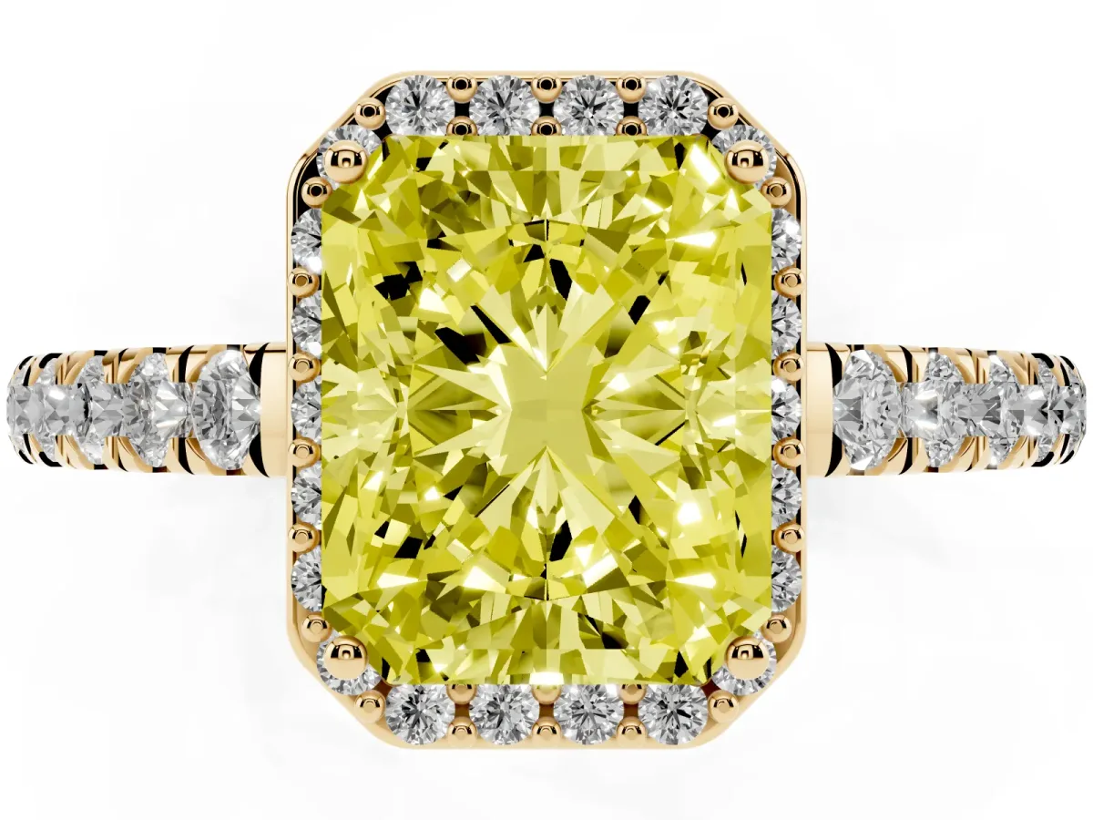Fancy Yellow Radiant Cut Cut Halo Diamond Engagement Ring with Pave Band and Four-Prong Setting Yellow gold