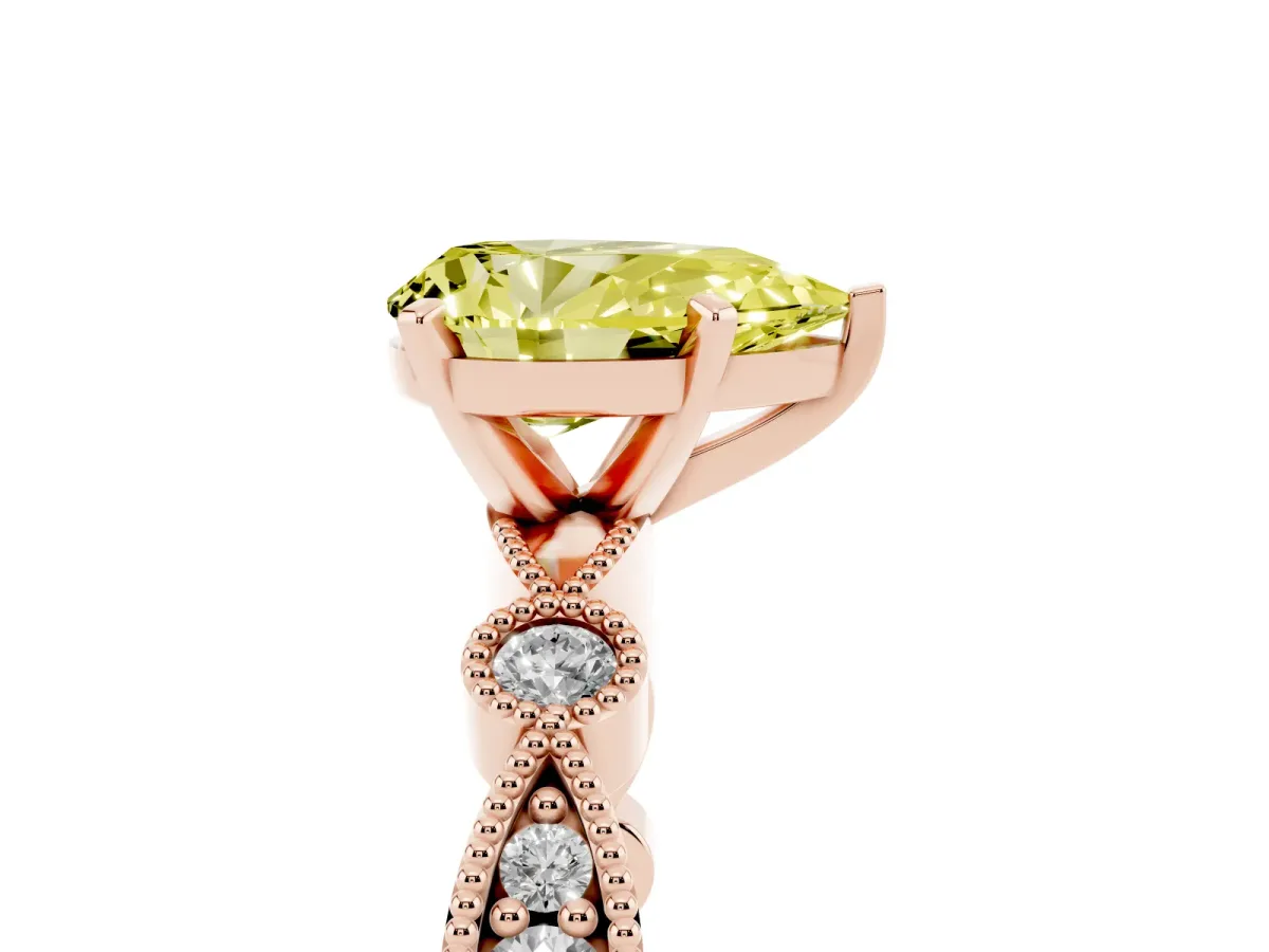 Fancy Yellow Pear Cut Milgrain Bezel Diamond Engagement Ring with Solitaire Prong Setting Rose gold