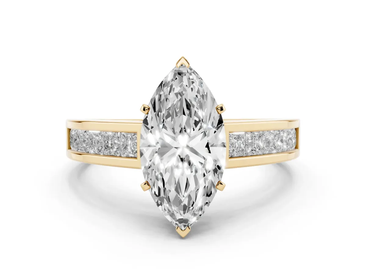 Marquise Cut Solitaire Diamond Ring with Channel-Set Band and Four-Prong Setting Yellow gold