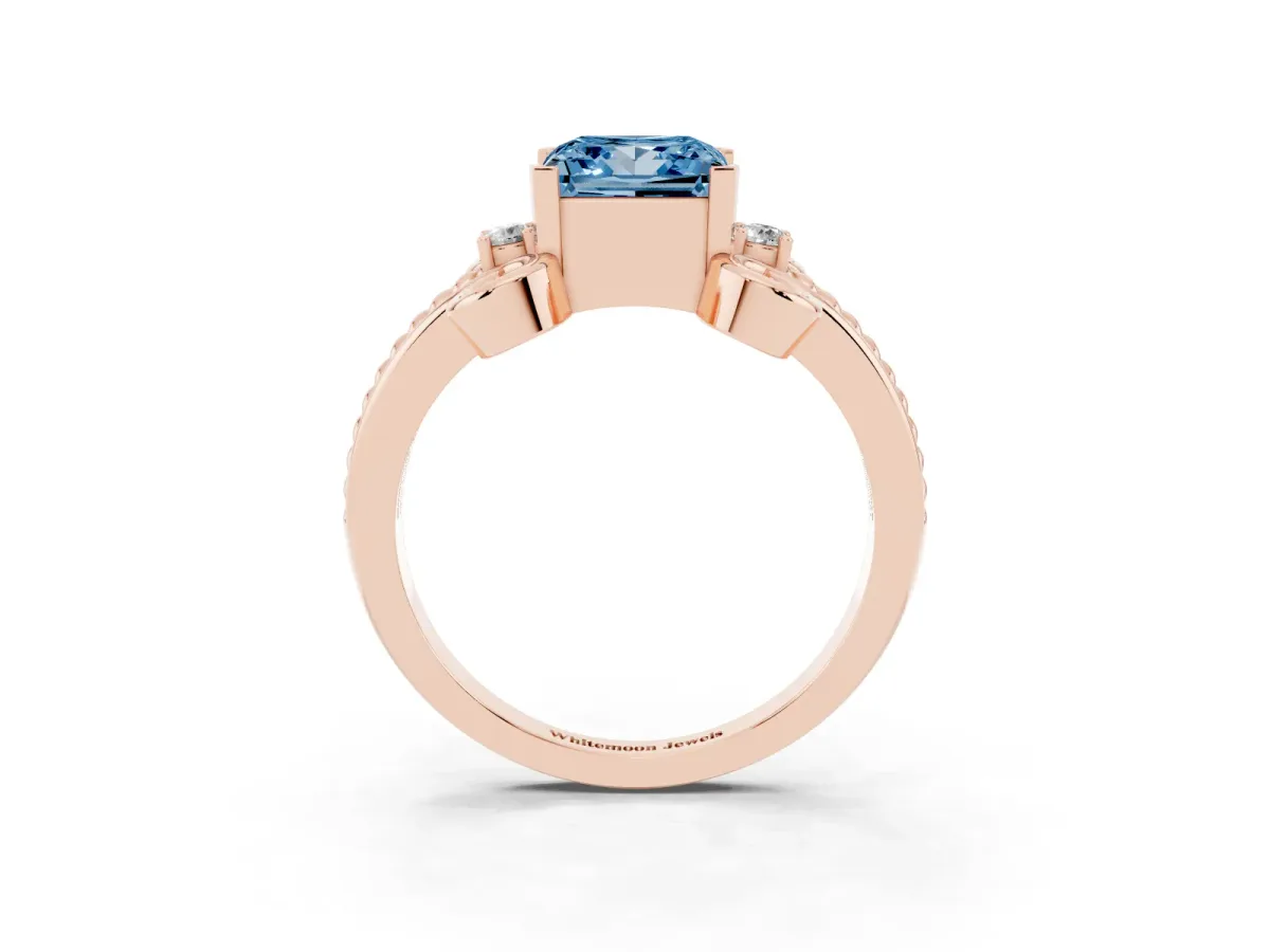 Fancy Blue Princess Cut Solitaire Twisted Band Scroll Prong Ring Rose gold