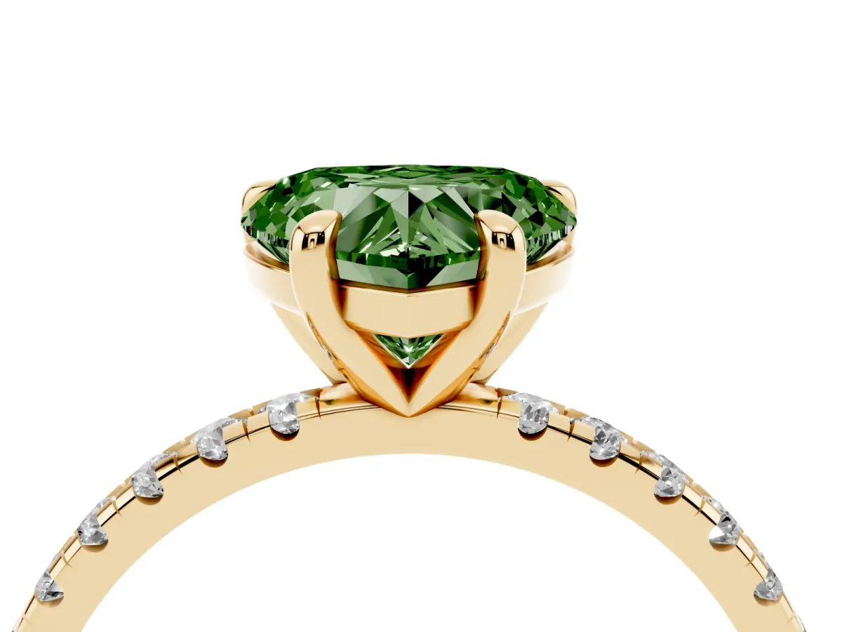 Fancy Green Heart Cut Diamond Brilliant Solitaire Ring with Pavé Band and Four-Prong Setting Yellow gold