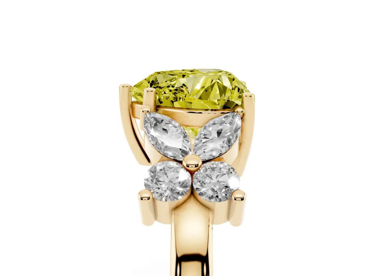 Fancy Yellow Heart Cut Diamond Floral Cluster Ring with Solitaire Band and Prong Setting Yellow gold