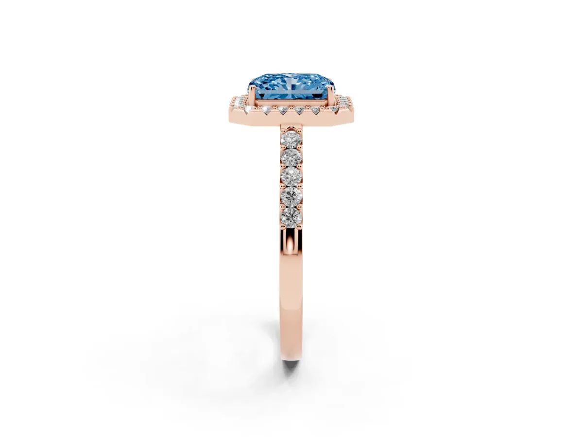Fancy Blue Radiant Cut Halo Diamond Pavé Solitaire Ring Rose gold