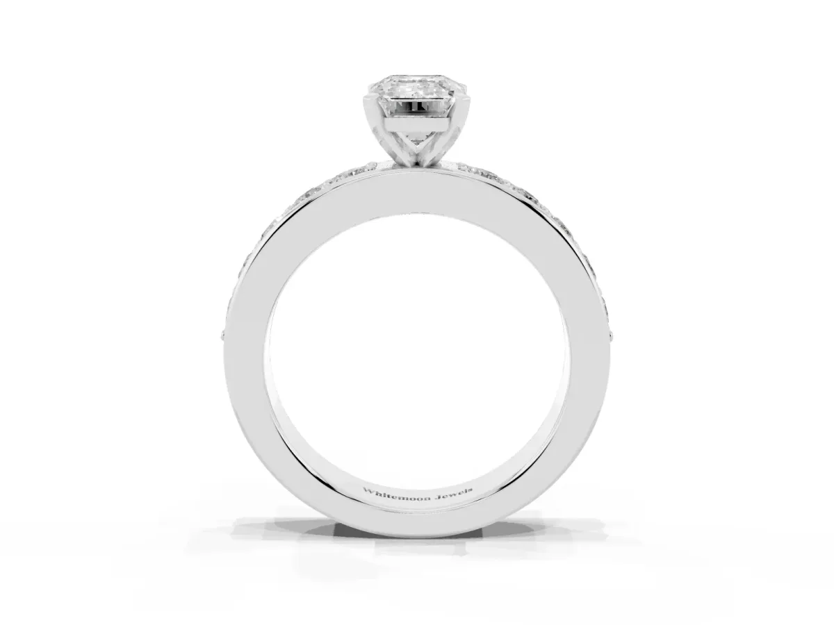 Emerald Cut Diamond Engagement Ring with Channel Set Round Band and Prong Setting Silver