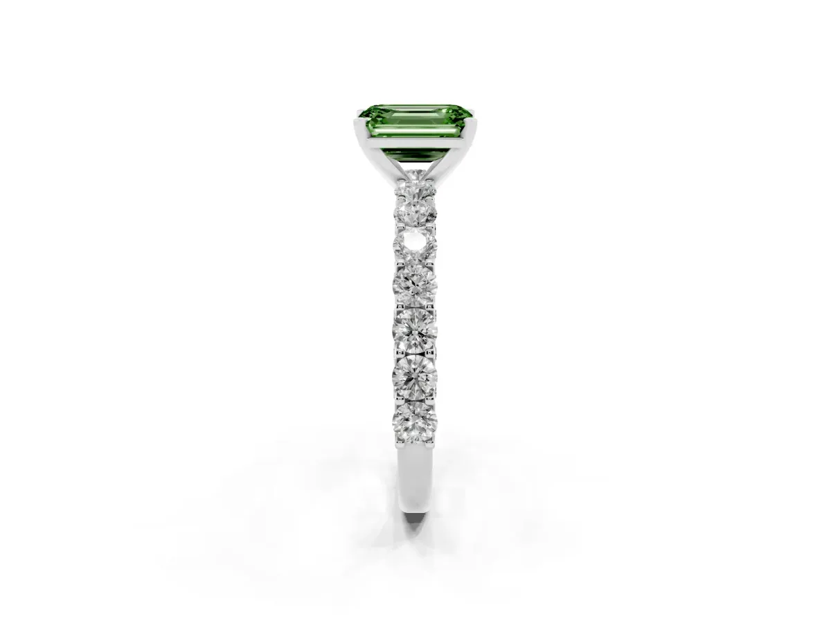 Fancy Green Emerald Cut Diamond Solitaire Ring with Shared Prong Pavé Band and Four-Prong Setting Silver