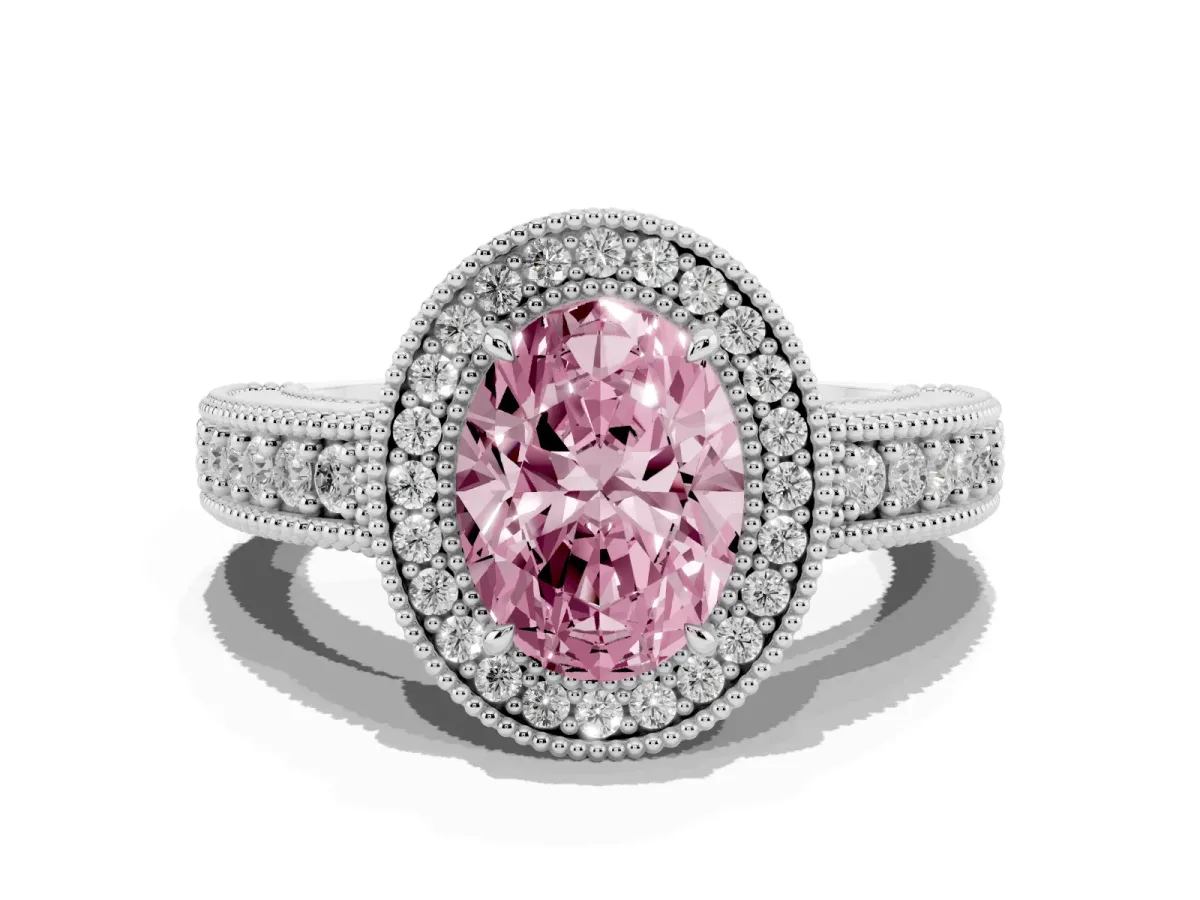 Fancy Pink Oval Cut Cut Halo Diamond Ring with Pavé Band and Four-Prong Setting Silver