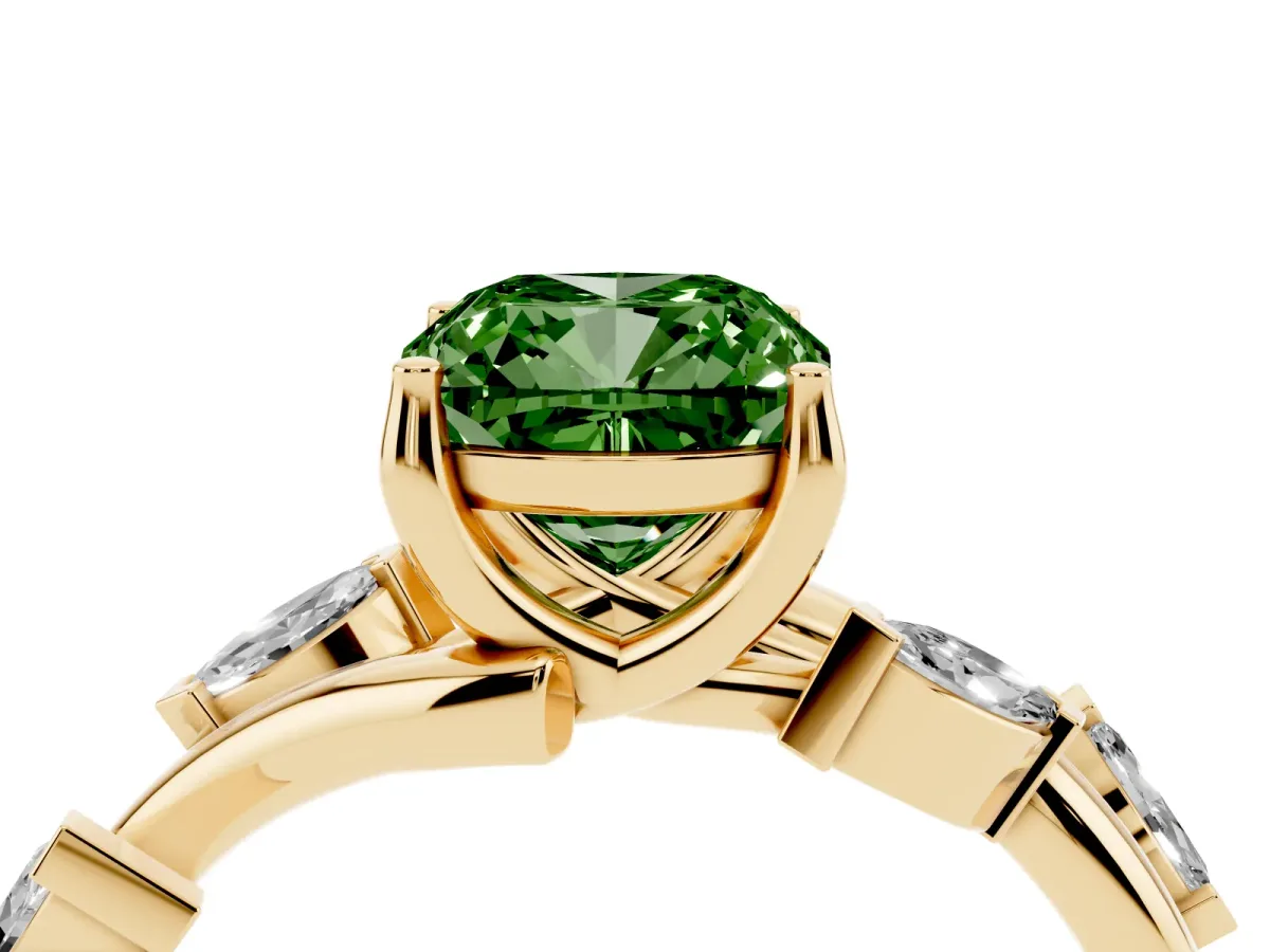 Fancy Green Cushion Cut Solitaire Twisted Band Marquise Accent Prong Setting Ring Yellow gold