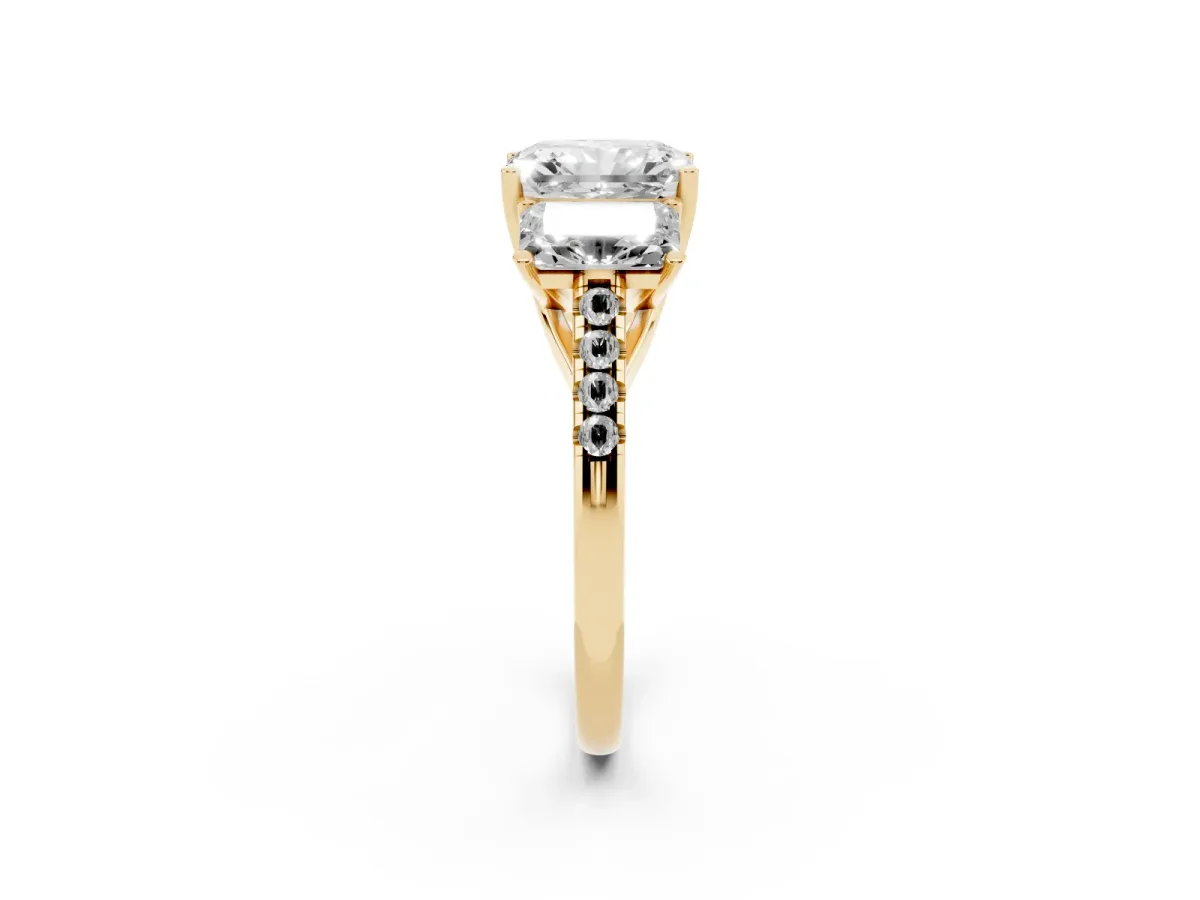 Three-Stone Radiant Cut Diamond Ring with Round Pavé Band and Prong Setting Yellow gold