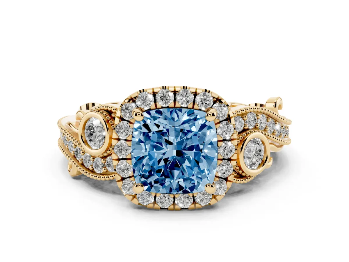 Fancy Blue Cushion Cut Diamond Halo Ring with Milgrain Pavé Band and Four-Prong Setting Yellow gold