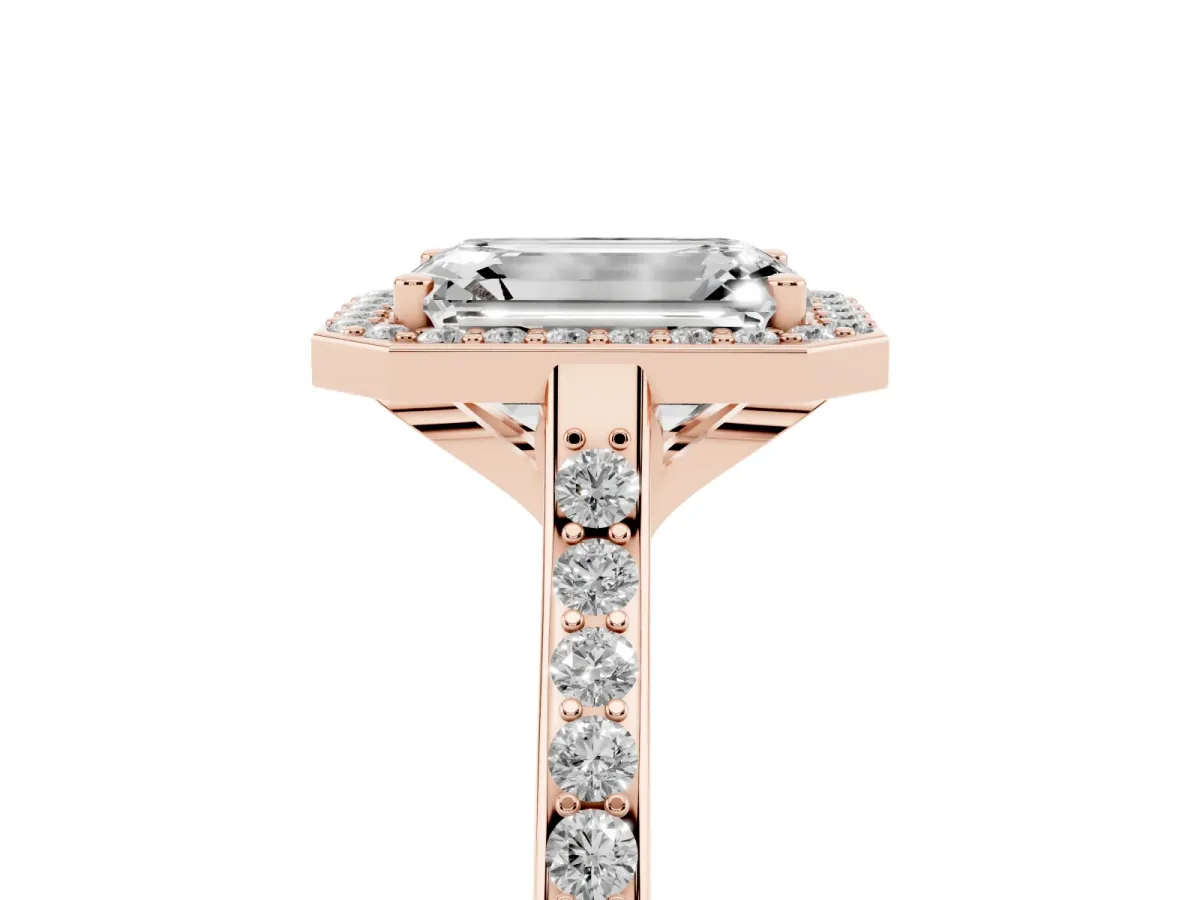 Emerald Cut Diamond Halo Engagement Ring with Round Pavé Shoulders and Prong Setting Rose gold
