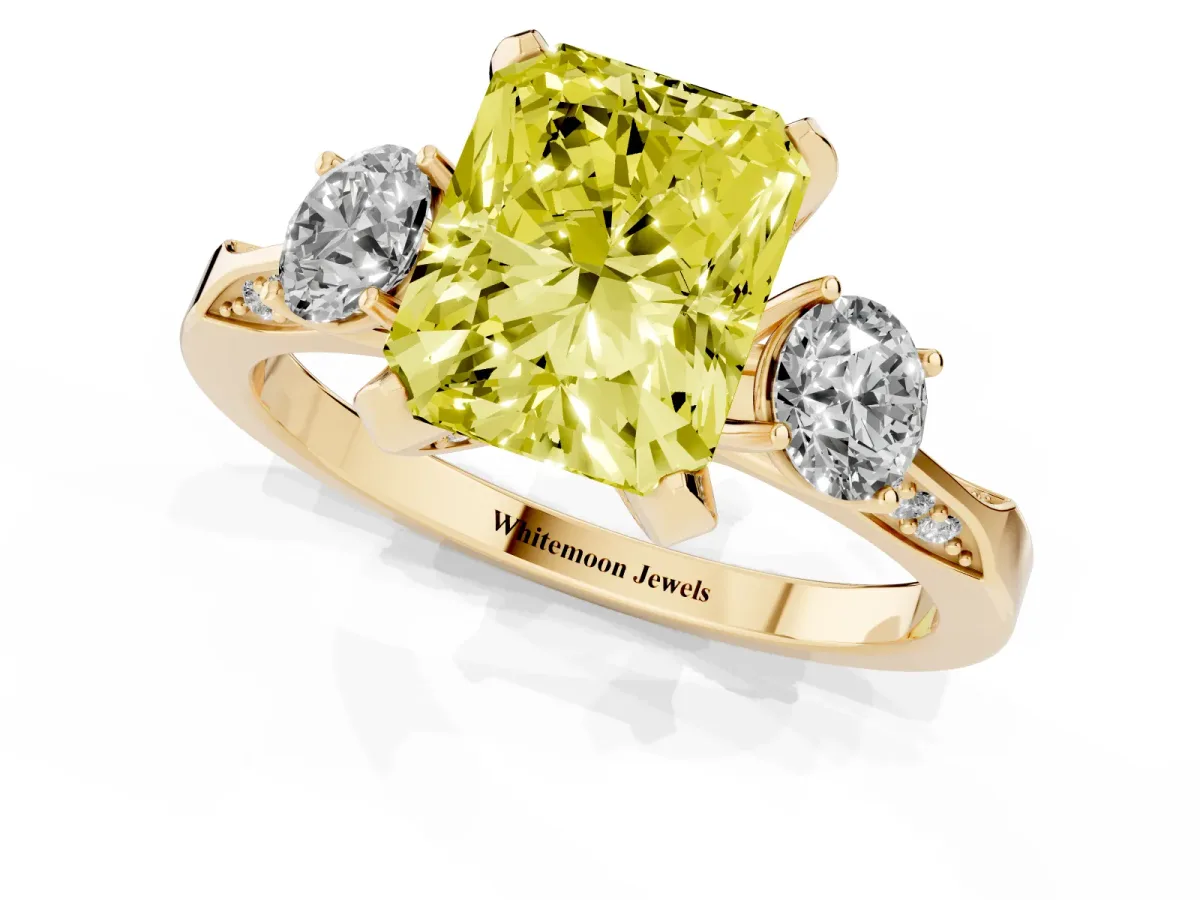 Fancy Yellow Radiant Cut Brilliant Three-Stone Diamond Ring with Pavé Band and Four-Prong Setting Yellow gold