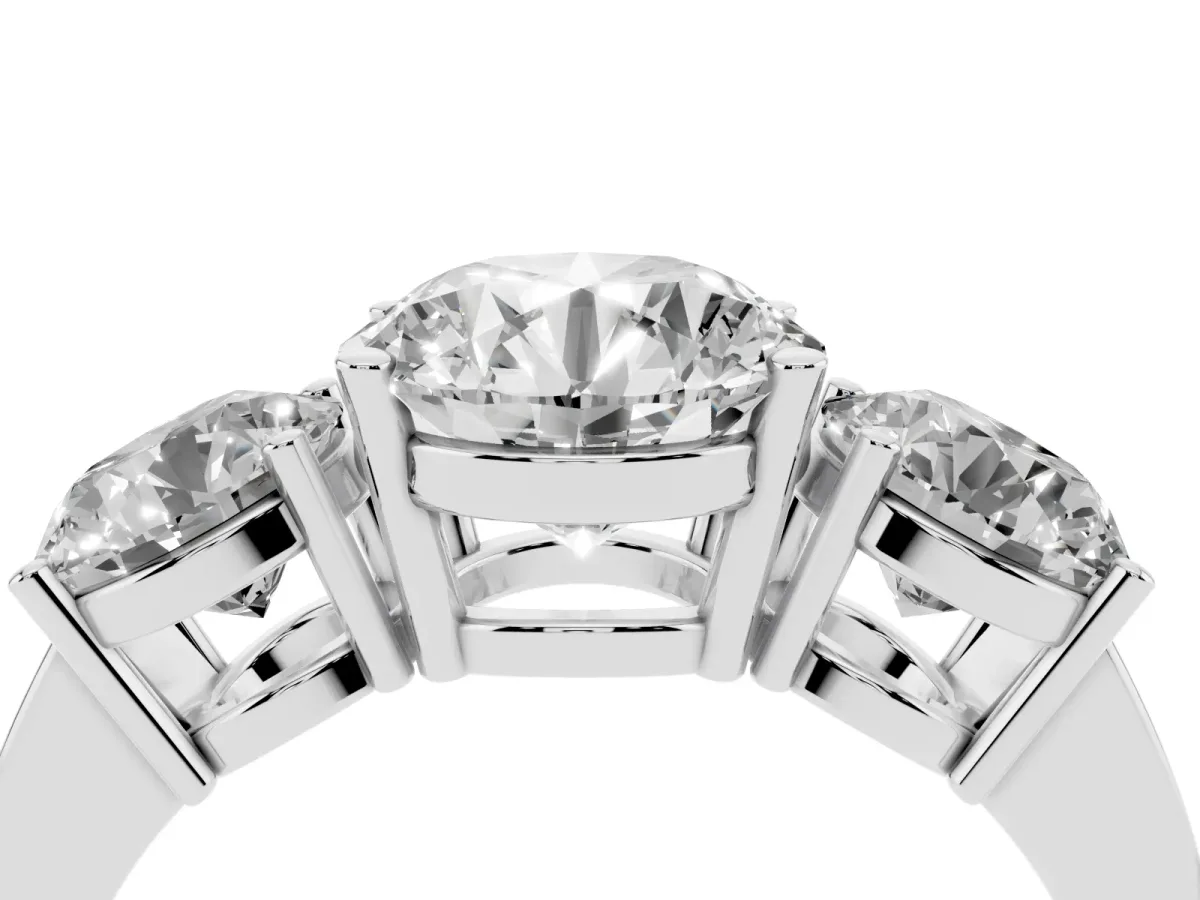Three-Stone Round Cut Cut Diamond Engagement Ring with Flat Band and Four-Prong Setting Silver