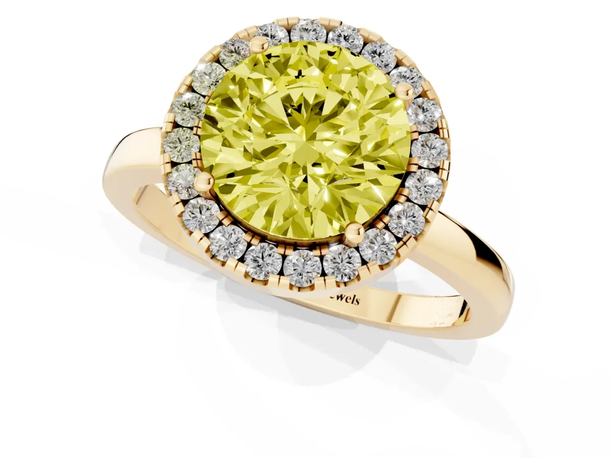 Fancy Yellow Round Cut Halo Diamond Solitaire with Pavé Band and Four-Prong Setting Yellow gold