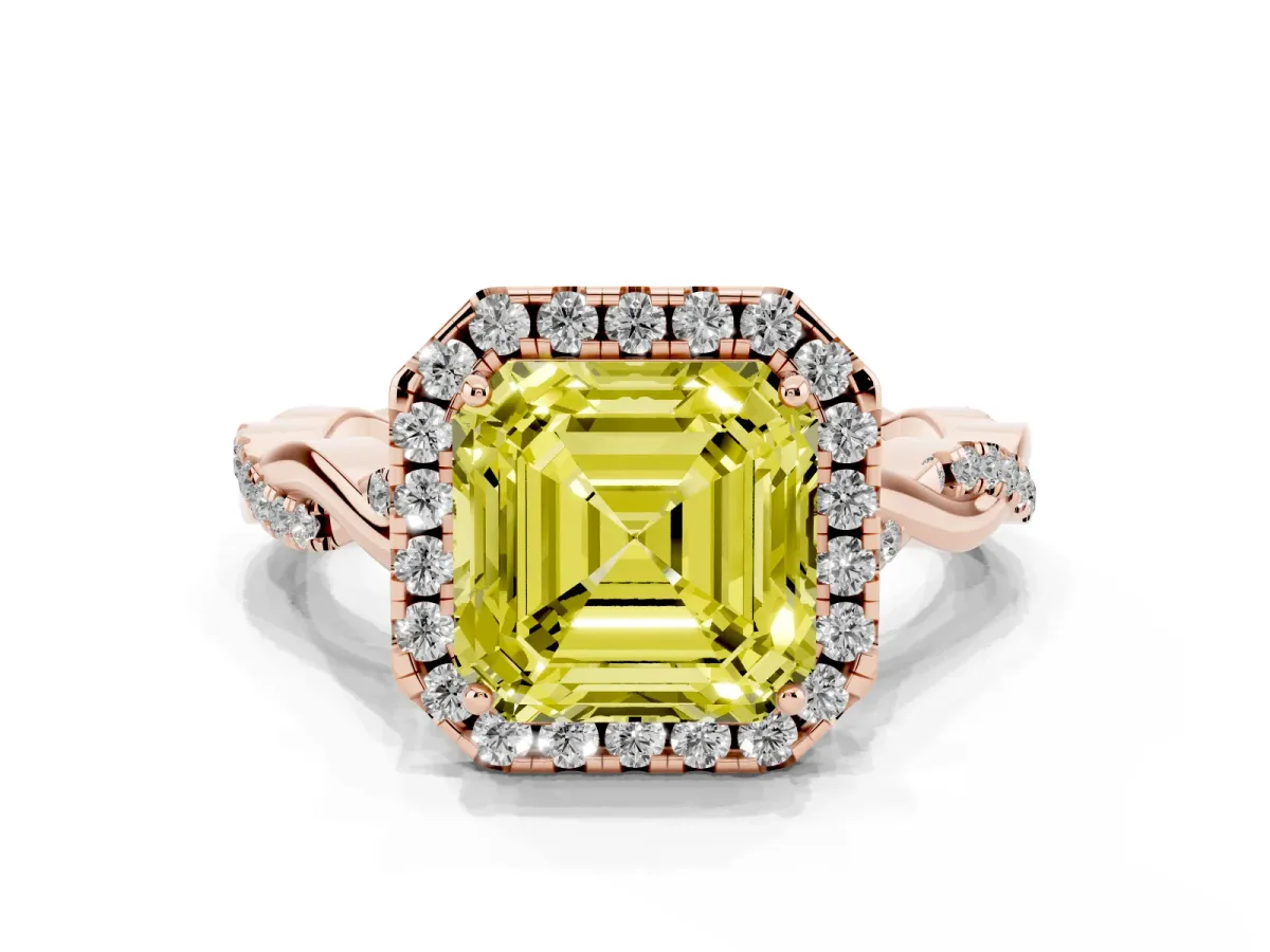 Fancy Yellow Asscher Cut Halo Twist Band Solitaire Ring Rose gold