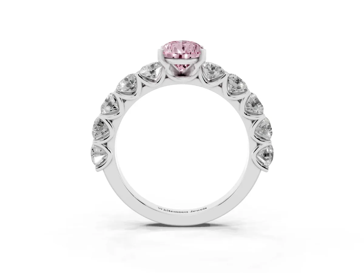 Fancy Pink Pear Cut Diamond Prong Setting with Side Stones on a Pave Band Silver