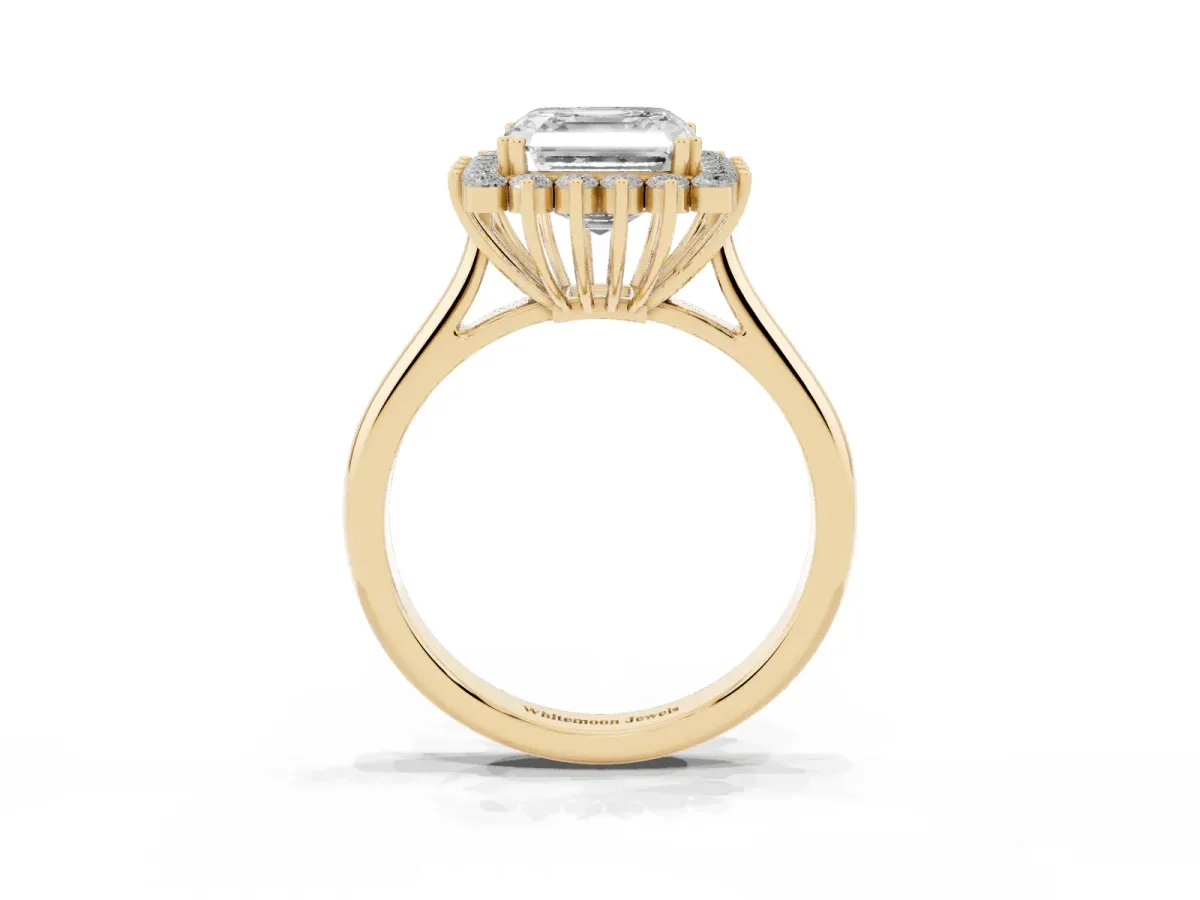 Asscher Cut Cut Diamond Halo Ring with Solitaire Band and Prong Setting Yellow gold