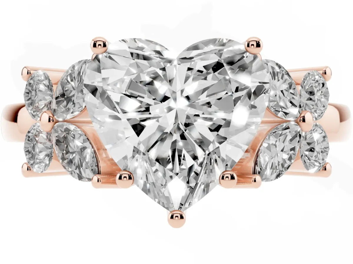 Heart Cut Diamond Floral Cluster Ring with Solitaire Band and Prong Setting Rose gold