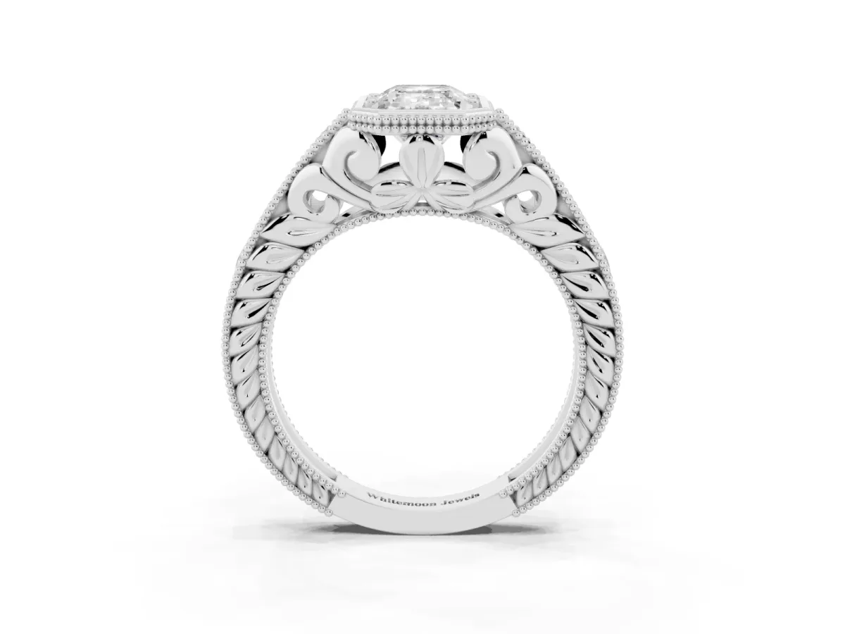Bezel Set Emerald Cut Diamond Milgrain Pave Engagement Ring Silver