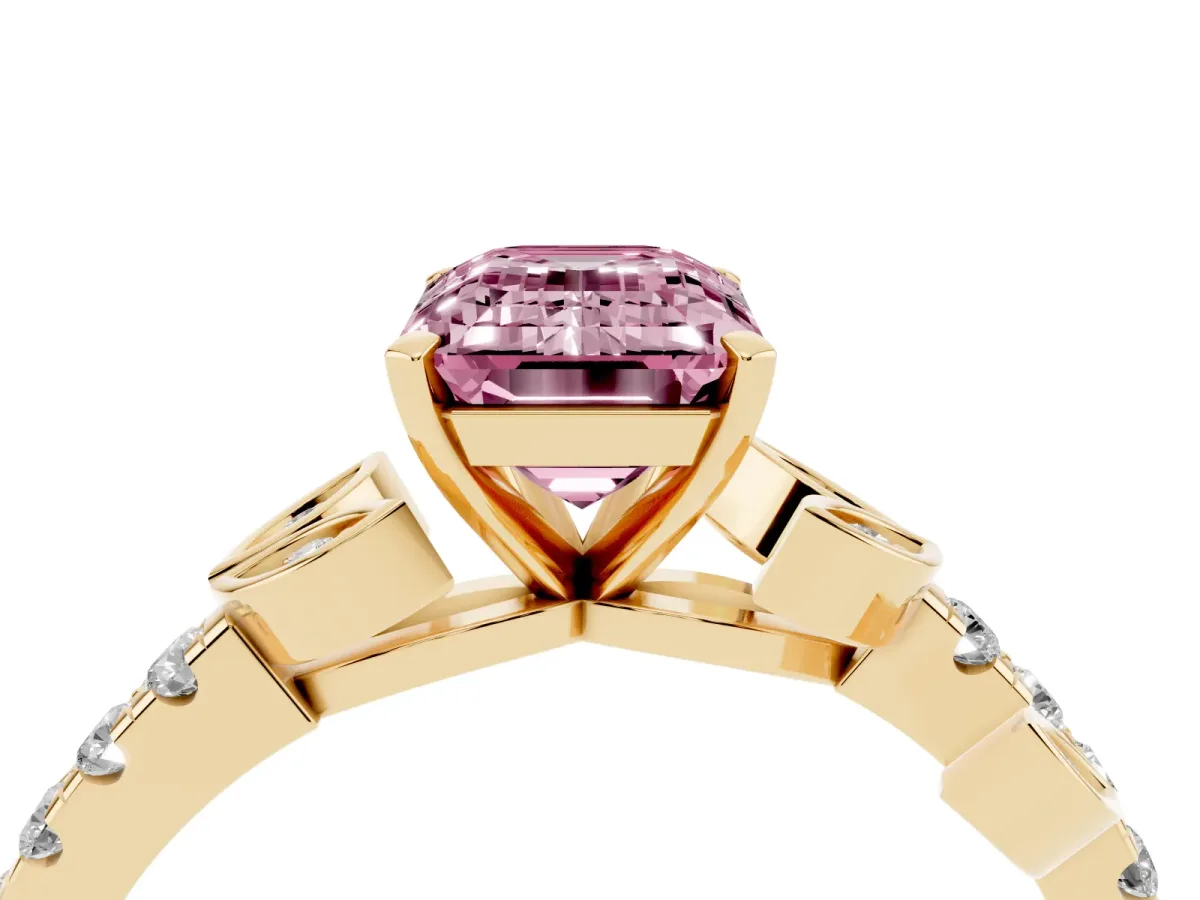 Fancy Pink Emerald Cut Solitaire Leaf-Inspired Diamond Ring with Pavé Band and Four-Prong Setting Yellow gold