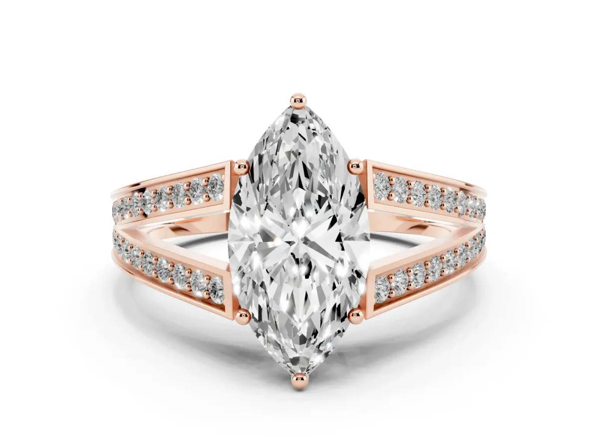 Marquise Cut Diamond Split Shank Ring with Pavé Band and Four-Prong Setting Rose gold