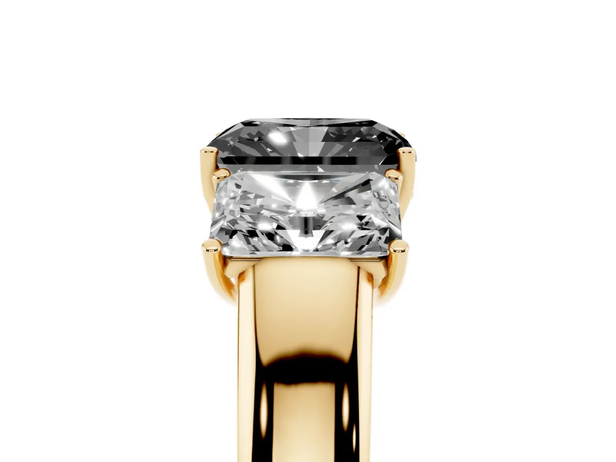 Fancy Black Three-Stone Radiant Cut Cut Diamond Ring with Prong Setting and Classic Band Yellow gold