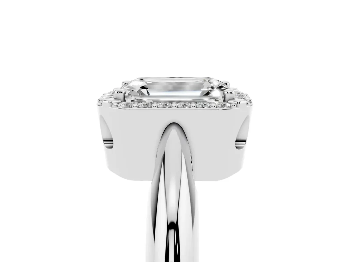 Emerald Cut Cut Diamond Halo Engagement Ring with Split Shank and Four-Prong Setting Silver